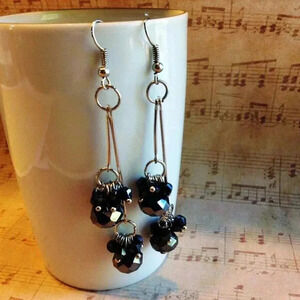 Handmade Swingy Black Faceted Czech Crystal 80mm Long Double Dangle Earrings